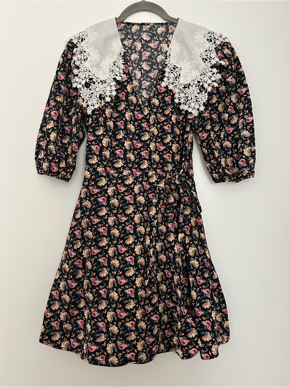 Floral Lace-Collar Dress in Black with Pink Roses